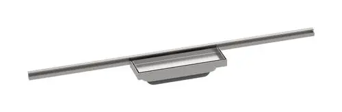 Duschrinne mit minimalistischer Bauweise, hergestellt von Hansgrohe. Die Rinne ist aus Edelstahl und hat eine rechteckige Form mit angeschlossenem Abfluss.